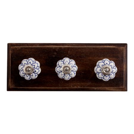 Blue Lotus Ceramic Wooden Hooks